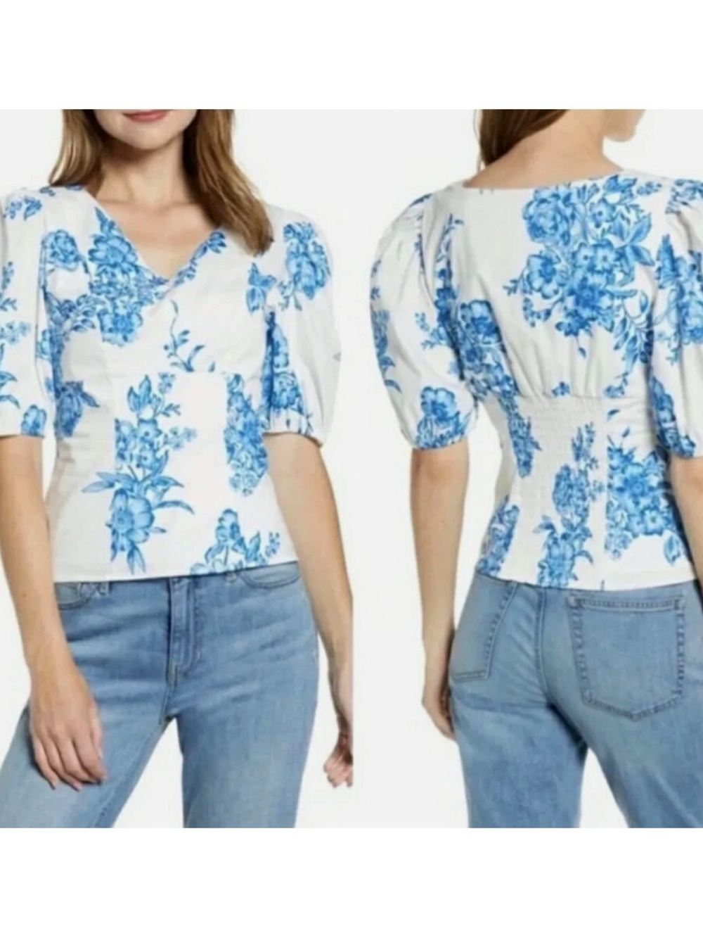 Rachel Parcell Puff Sleeve Top in Blue Air Mediterranean Bouquet Size XL